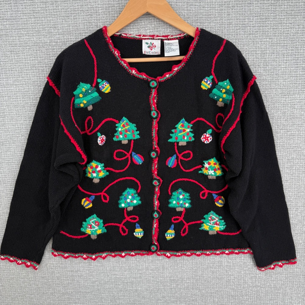 Nutcracker Vtg Christmas Cardigan Sweater Holiday Trees Womens M Cottage Teacher - Picture 2 of 11
